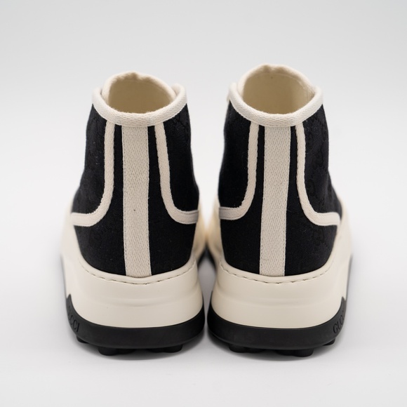 38G 8 US Gucci High Tennis 1977 Black High Top White Canvas Sneakers - Picture 5 of 11
